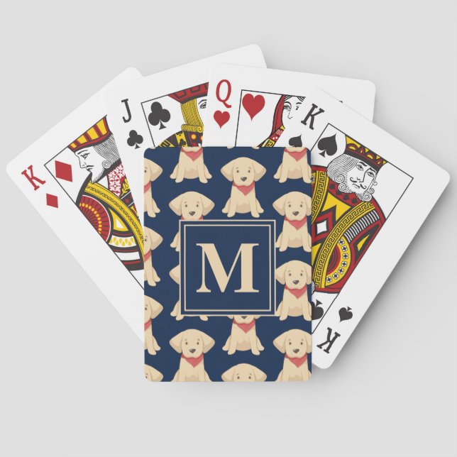 Blått monogram för valpar i Cute Golden Retriever Casinokort (Baksidan)