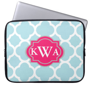 Blått monogram Marockanskt Quatrefoil-mönster Laptop Fodral