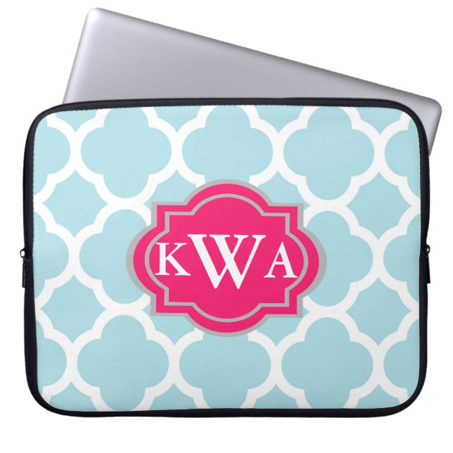 Blått monogram Marockanskt Quatrefoil-mönster Laptop Fodral (Framsidan)