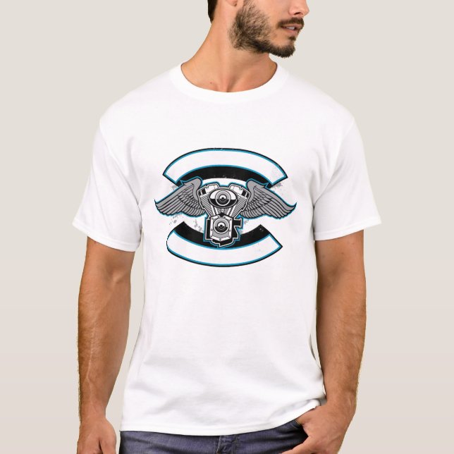 Blått monogram motot för vind-motor t shirt (Framsida)