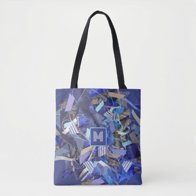 Blått monogram navy rand nautical abstrakt grått tygkasse (Framsida)