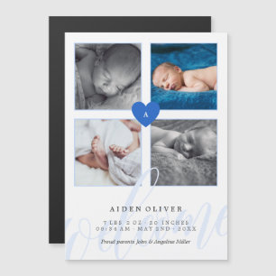 Blått Monogram Photo Collage Baby-meddelande Magnetisk Inbjudningskort