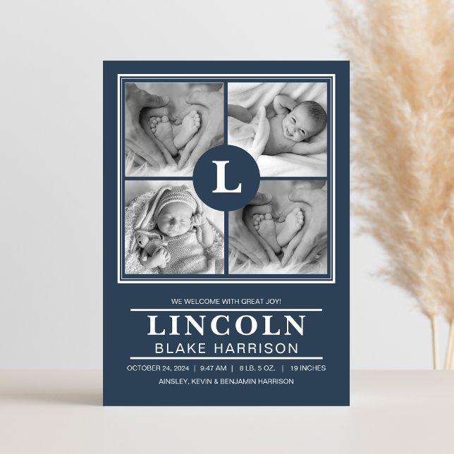 Blått Monogram Pojke födelsekort Meddelande (Skapare uppladdad)