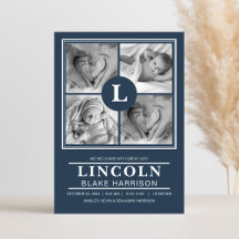 Blått Monogram Pojke födelsekort