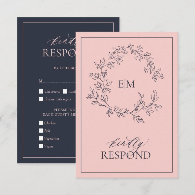 Blått monogramkort för  Rosa Bröllop OSA (Fram/baksida)