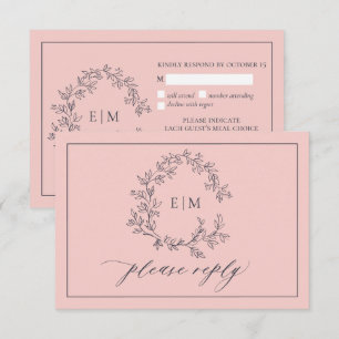 Blått monogramkort för  Rosa Bröllop OSA Kort
