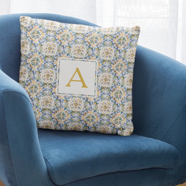 Blått Mönster Monogram Kudde (Blue Pattern Monogram Throw Pillow
)