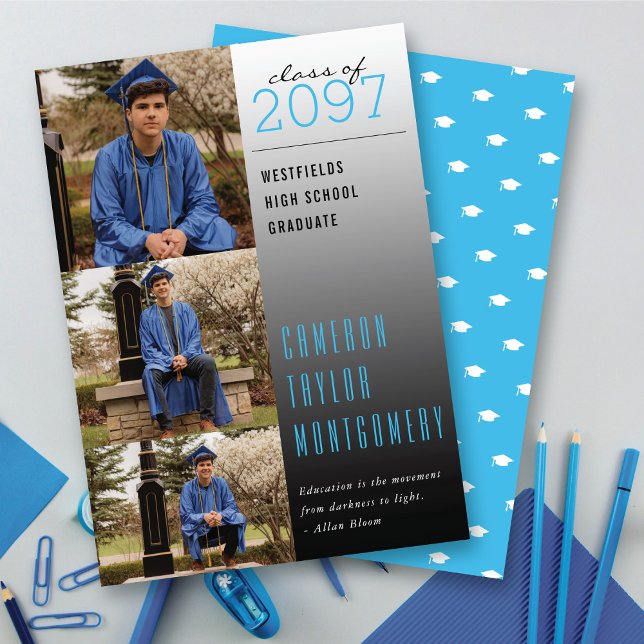 Blått Mörk till ljuscitat 3 fotomodern Studenten Meddelande (Blue Dark To Light Quote 3 Photo Collage Modern Graduation Announcement @ zazzle.com/color_therapy)