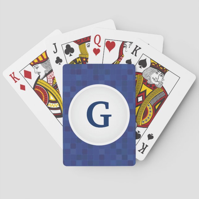 Blått mosaikpixelmönster personlig monogram casinokort (Baksidan)
