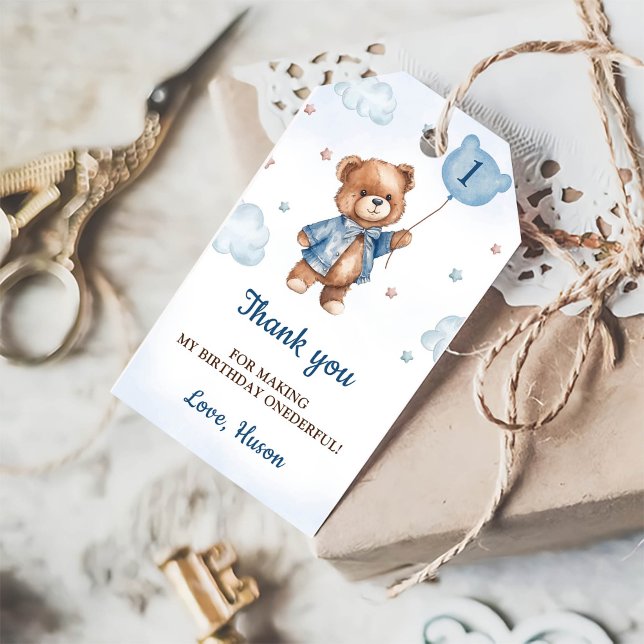 Blått Nalle 1:a födelsedag Märkre Tack Presentetikett (Skapare uppladdad)