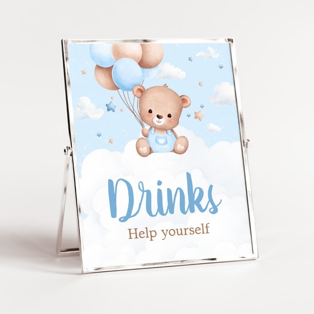 Blått Nalle, babyknapp Drinks-tecken Poster (Blue Boy Teddy Bear Clouds Balloon Baby Shower Sign)