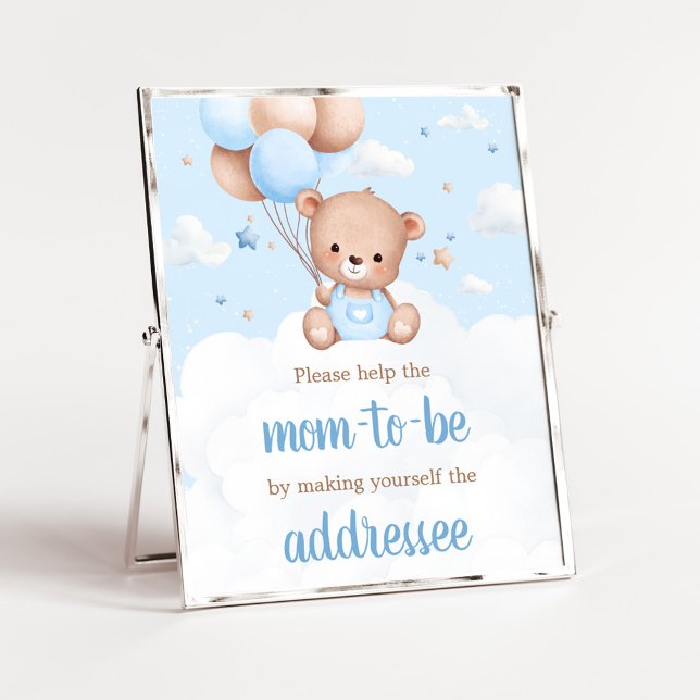 Blått Nalle, babyskor, kuvert Station-tecken Poster (Blue Boy Teddy Bear Clouds Balloon Baby Shower Sign)