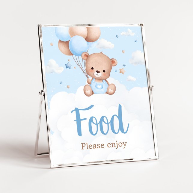 Blått Nalle, babyskor, matmärke Poster (Blue Boy Teddy Bear Clouds Balloon Baby Shower Sign)