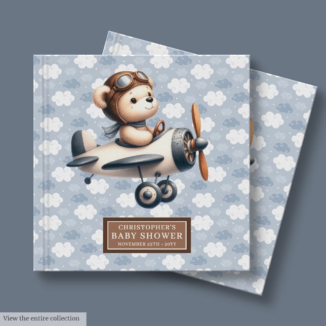 Blått Nalle för spädbarnsskor Gäst Bok Cute Pilot  (Baby Shower Guest Book Cute Teddy Bear Pilot Blue)