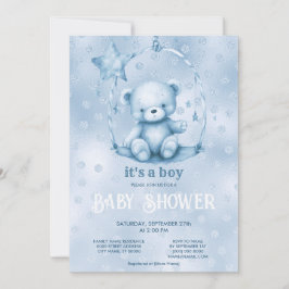 Blått Nalle - inbjudan till babyskor