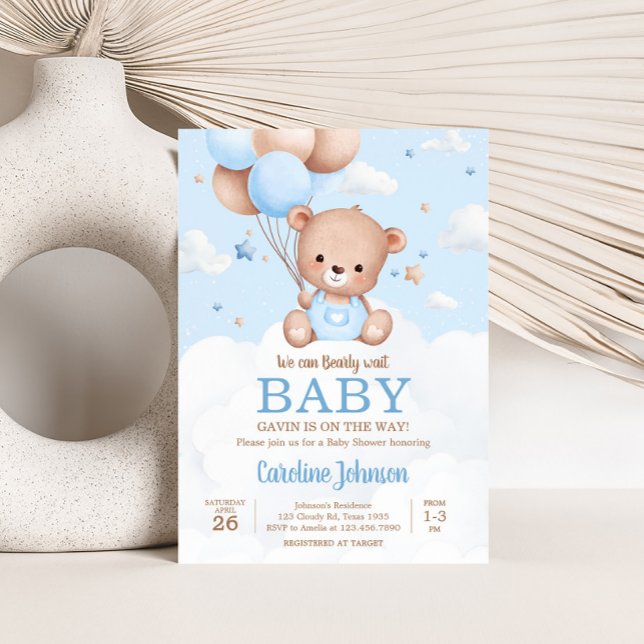 Blått Nalle-moln, babyskor för ballong Inbjudningar (Blue Boy Teddy Bear Clouds Balloon Baby Shower Invitation)
