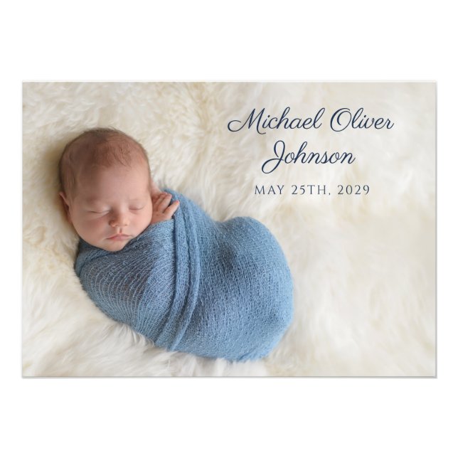 Blått Namn Födelsedatum Skript Baby Foto Print (Framsidan)