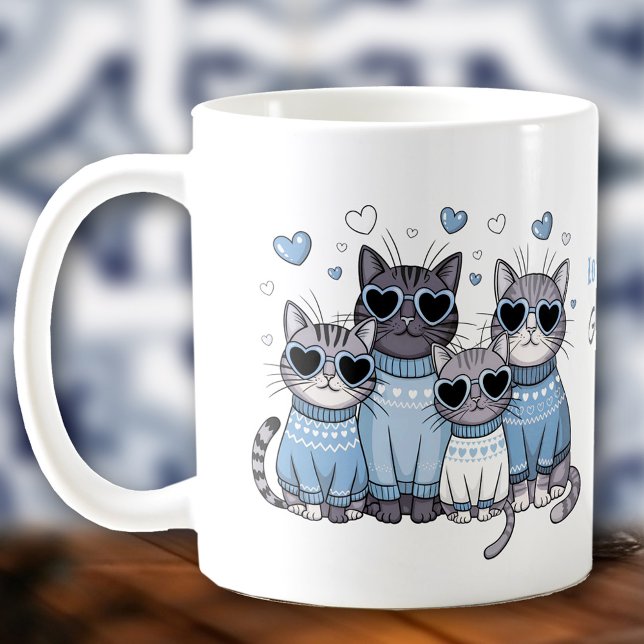 Blått namn för Cute Cat Kattunge Valentine Blue Kaffemugg (Cute Cat Kitty Valentine Blue Custom Name Coffee Mug)