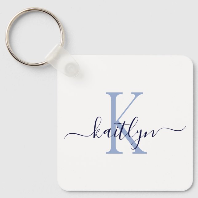 Blått namn initialt monogram nyckelring (Framsida)