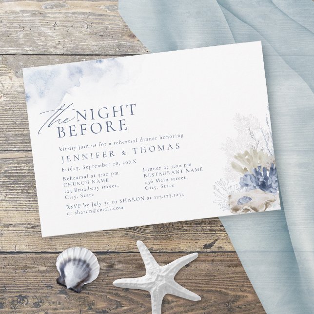 Blått natten före korall- och sjöstranden inbjudningar (Blue the night before coral & seashells beach invitation)