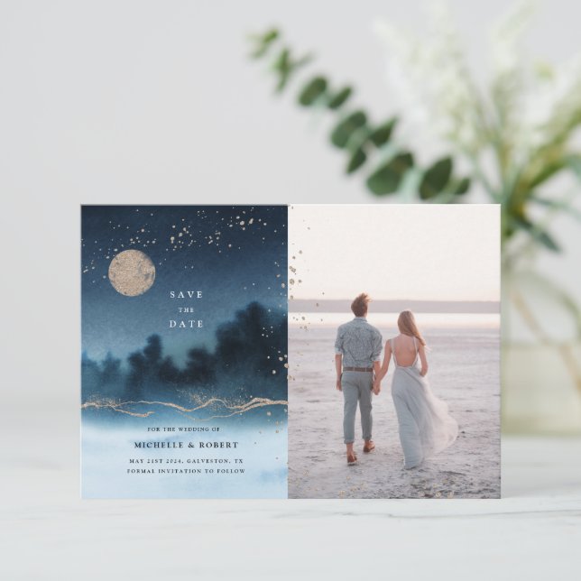 Blått nattlandskap två foto Spara datum Inbjudningar (Stående Fram)