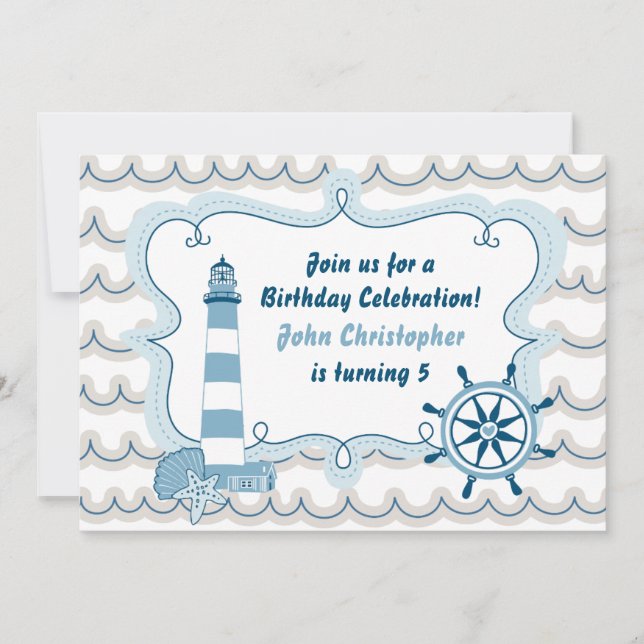 Blått Nautical Lighthouse Boys Birthday-meddelande Inbjudningar (Framsida)
