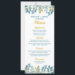 Blått nederländskt Bröllop-menykort Inbjudningar<br><div class="desc">Det här elegant bröllop-menykortet har ett modernt blått och guld botaniskt löv gräns med snyggt och serif-typografi. Som ett tillägg till din mottagande bord visas din middag i fullt i en ren, organiserad perfekt. Perfekt för trädgård, kust, minimalistisk eller modern bröllop. Helt redigerbart - anpassa namn, datum och måltider så...</div>