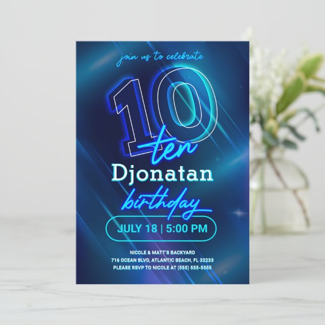 Blått Neon 10:e Födelsedagsfest inbjudan-kort Inbjudningar (Stående Fram)