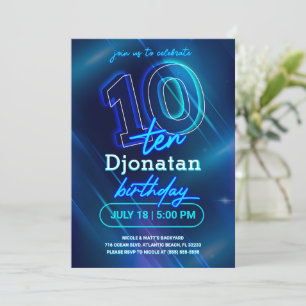 Blått Neon 10:e Födelsedagsfest inbjudan-kort Inbjudningar