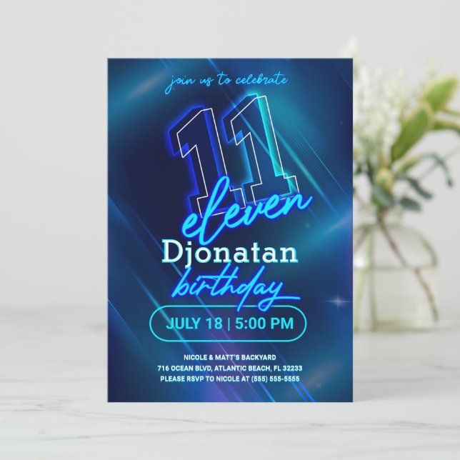 Blått Neon 11:e Födelsedagsfest inbjudan-kort Inbjudningar (Stående Fram)