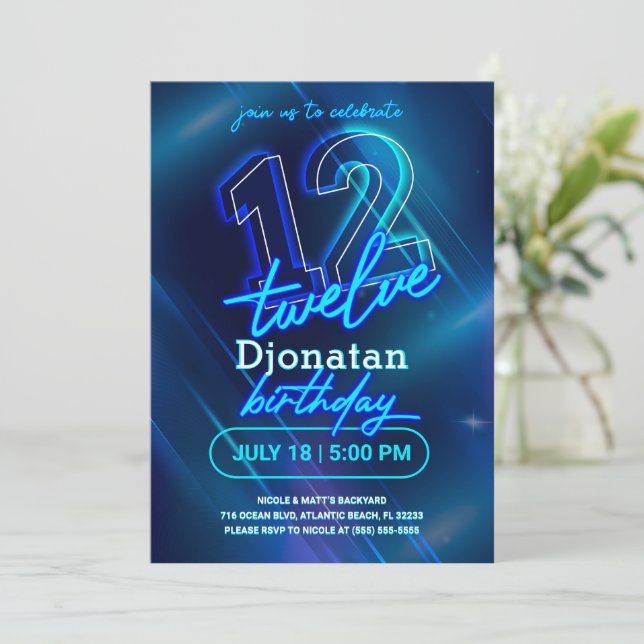 Blått Neon 12:e Födelsedagsfest inbjudan-kort Inbjudningar (Stående Fram)