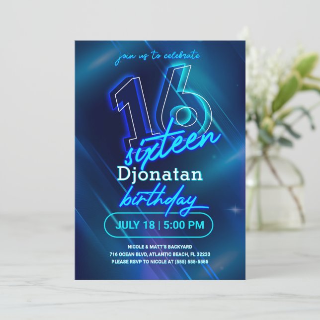Blått Neon 16:e Födelsedagsfest inbjudan-kort Inbjudningar (Stående Fram)