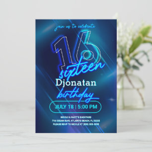 Blått Neon 16:e Födelsedagsfest inbjudan-kort Inbjudningar