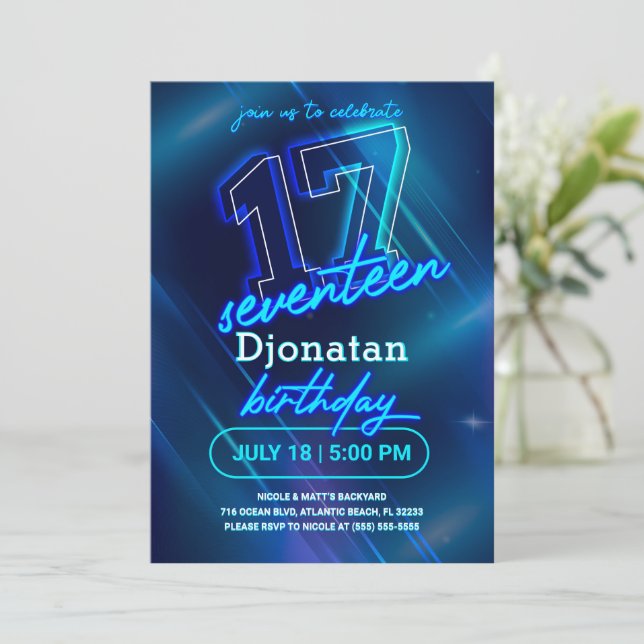 Blått Neon 17:e Födelsedagsfest inbjudan-kort Inbjudningar (Stående Fram)