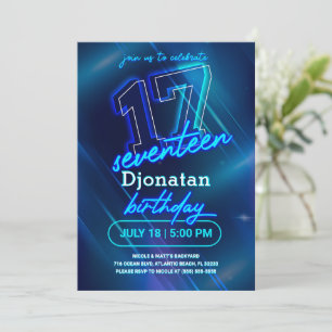 Blått Neon 17:e Födelsedagsfest inbjudan-kort Inbjudningar