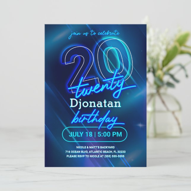 Blått Neon 20:e Födelsedagsfest inbjudan-kort Inbjudningar (Stående Fram)