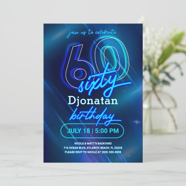 Blått Neon 60:e Födelsedagsfest inbjudan-kort Inbjudningar (Stående Fram)