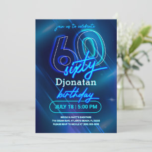 Blått Neon 60:e Födelsedagsfest inbjudan-kort Inbjudningar