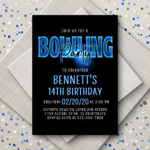 Blått Neon Bowling Party-födelsedagsinbjudan Inbjudningar