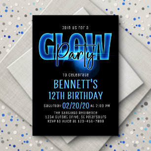 Blått Neon Glow Party-födelsedagsinbjudan Inbjudningar
