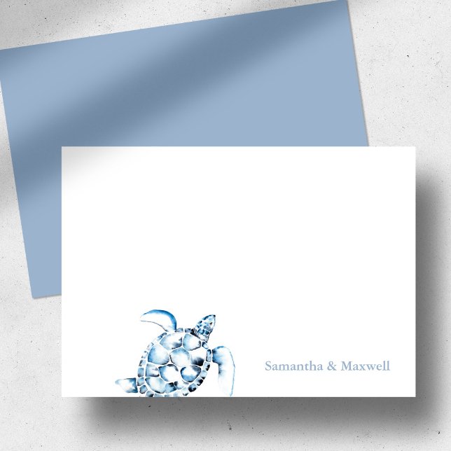 Blått notkort för vattenfärgssköldpadda (Sea Turtl Anteckningskort (Personalized sea turtle notecard dusty blue watercolor art by Victoria Grigaliunas Do Tell A Belle)