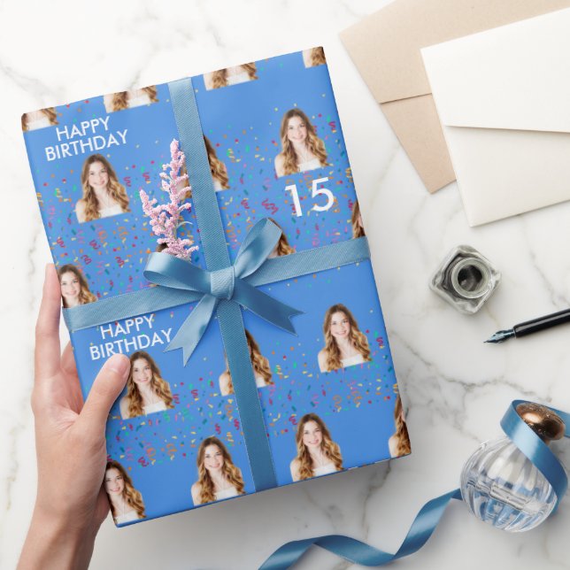 Blått, nyttigt Ansikte-foto, 15:e Födelsedagsfeste Presentpapper (Gifting)