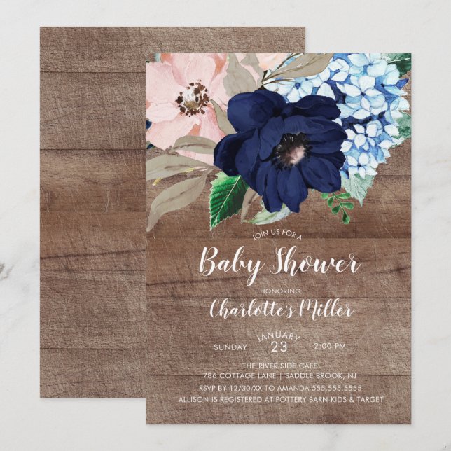 Blått och  babyskor för  Blommigt i Rustic Navy Inbjudningar (Fram/baksida)