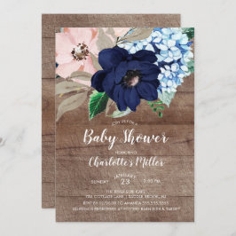 Blått och  babyskor för  Blommigt i Rustic Navy Inbjudningar