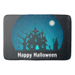 Blått och bläckat hus i happy halloween badrumsmatta