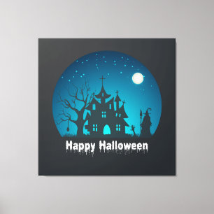 Blått och bläckat hus i happy halloween canvastryck