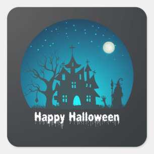Blått och bläckat hus i happy halloween fyrkantigt klistermärke
