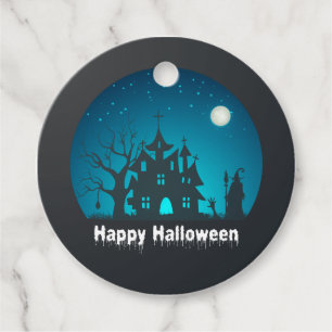 Blått och bläckat hus i happy halloween gåvor etiketter