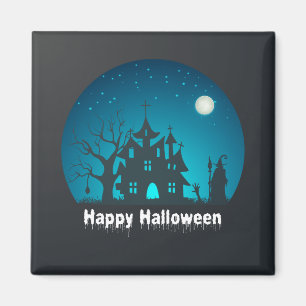 Blått och bläckat hus i happy halloween magnet