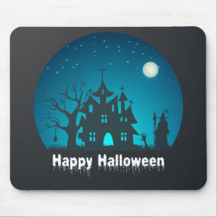 Blått och bläckat hus i happy halloween musmatta